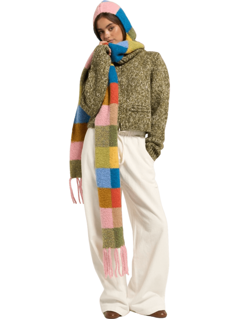 Arthur Colour Block Check Wool Blend Balaclava Scarf