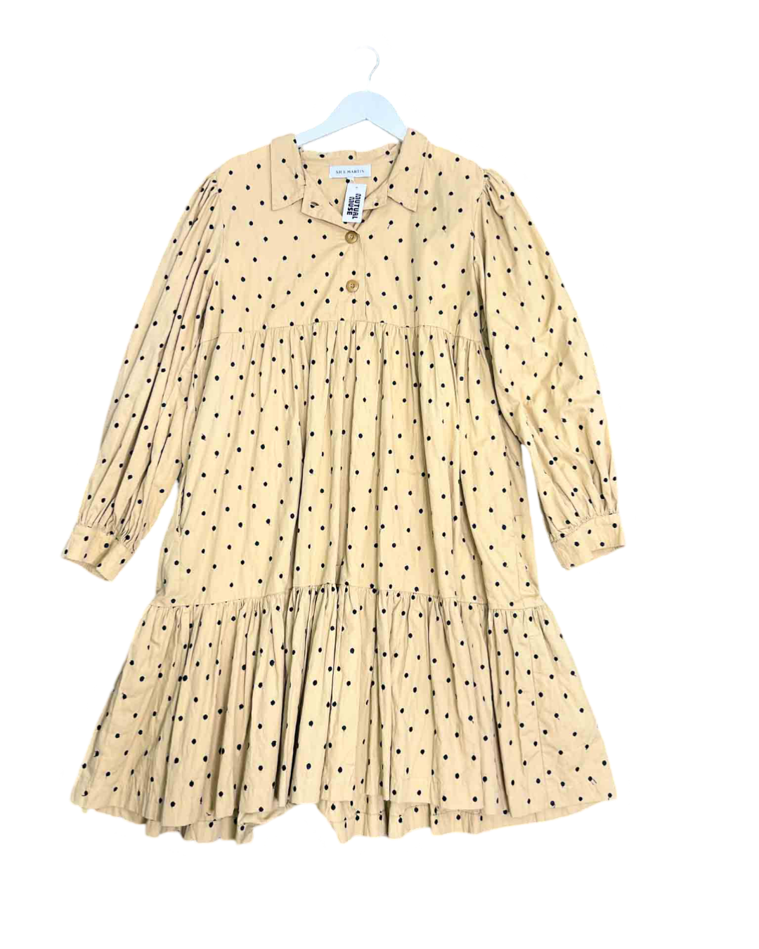 Size L | Nice Martin Tan and Black Polka Dot Midi Smock Dress