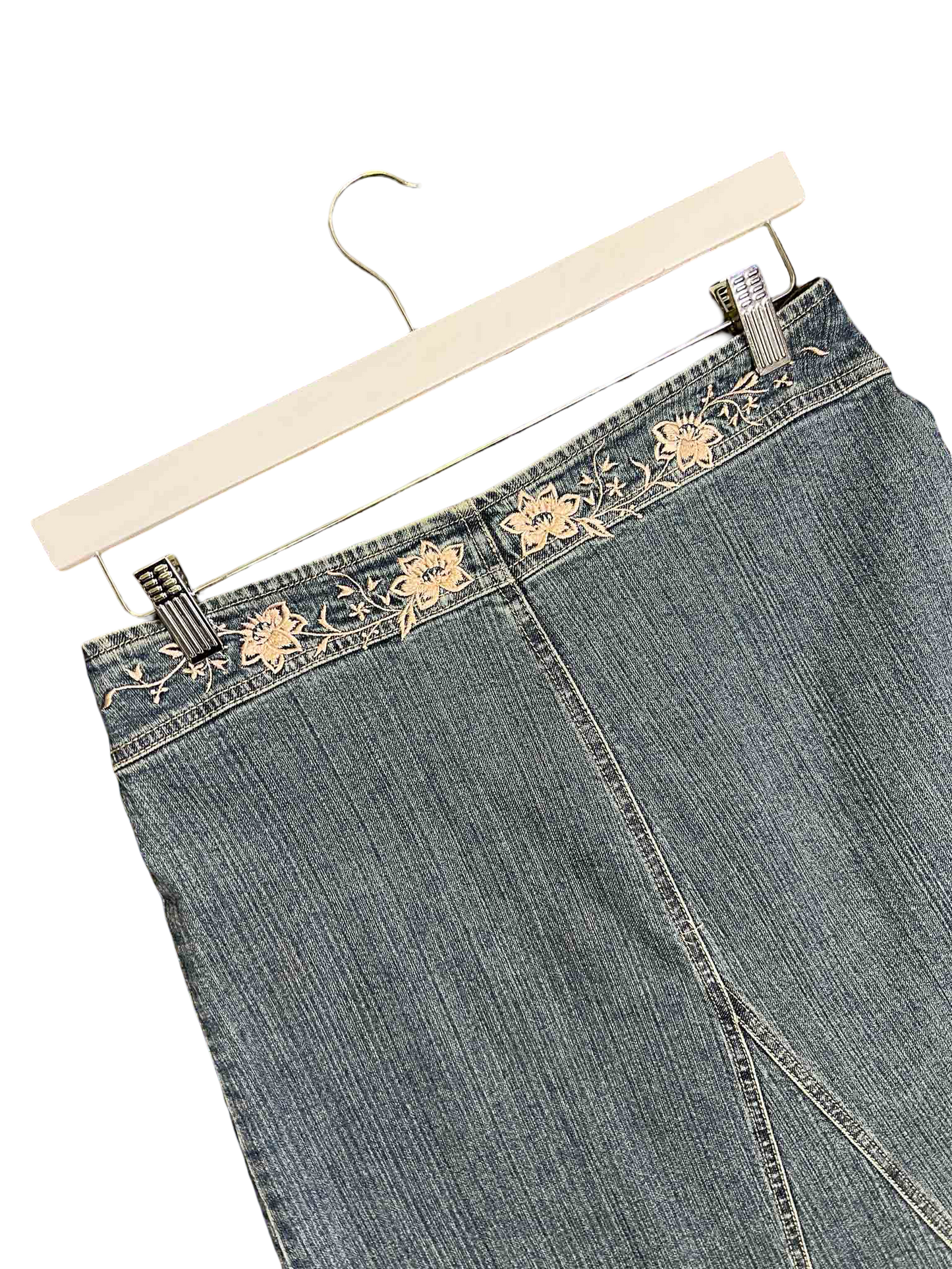 Size 10 | Bebe Midi Denim Skirt With Floral Embroidery