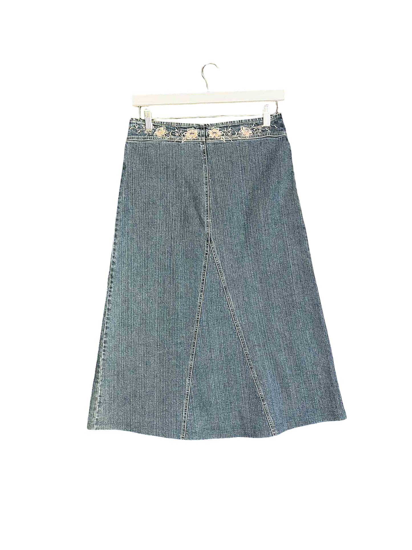 Size 10 | Bebe Midi Denim Skirt With Floral Embroidery