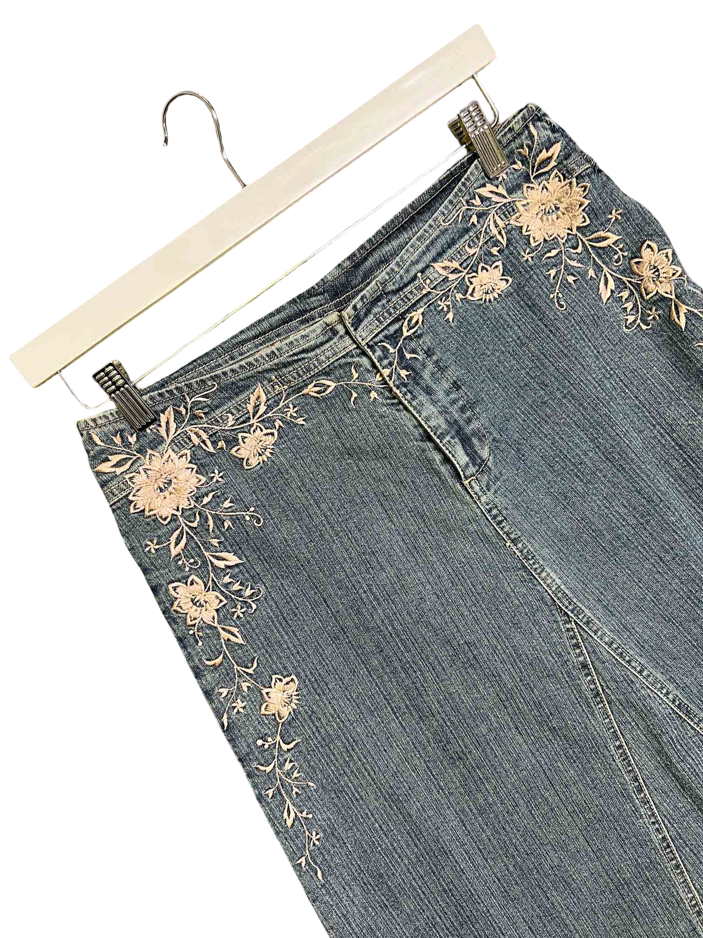 Size 10 | Bebe Midi Denim Skirt With Floral Embroidery