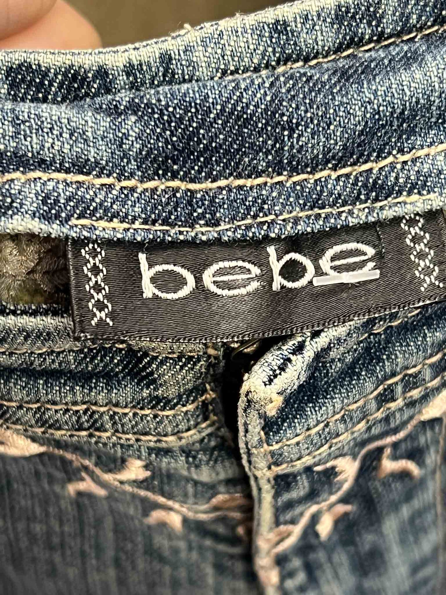 Size 10 | Bebe Midi Denim Skirt With Floral Embroidery