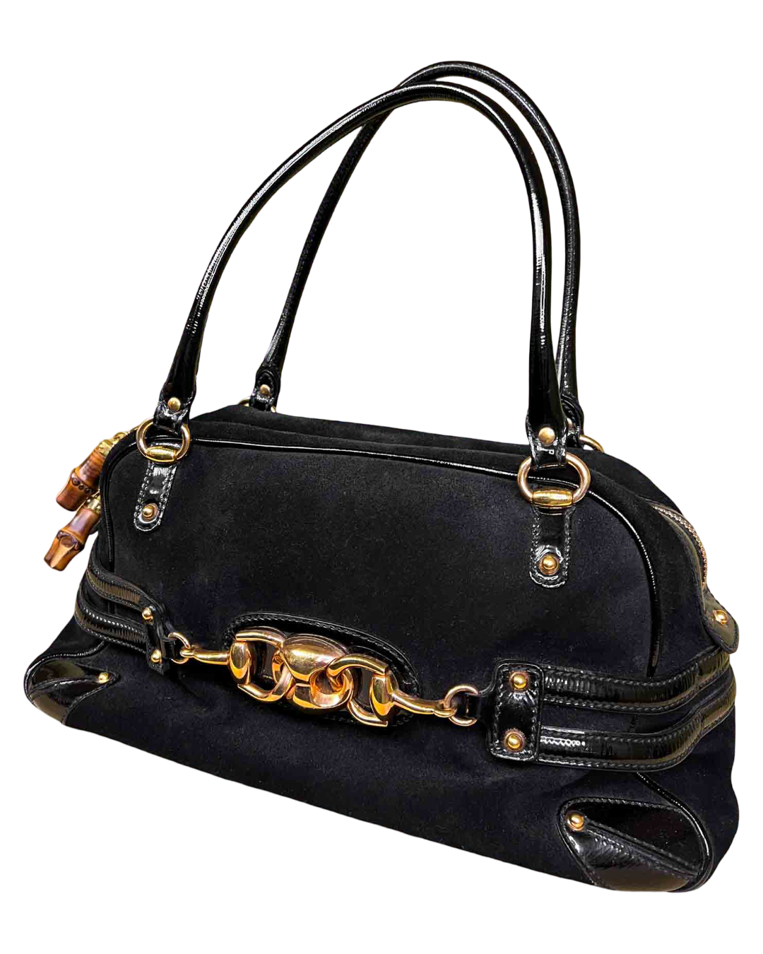 Gucci Black Suede/Patent Horsebit Wave Bag