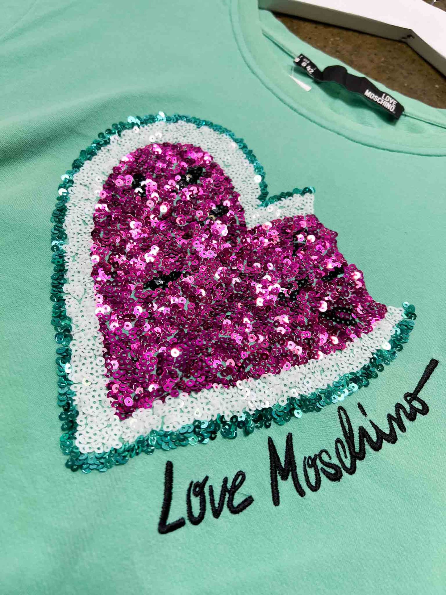 Size M | Love Moschino Mint Green Cotton Sequin T-shirt