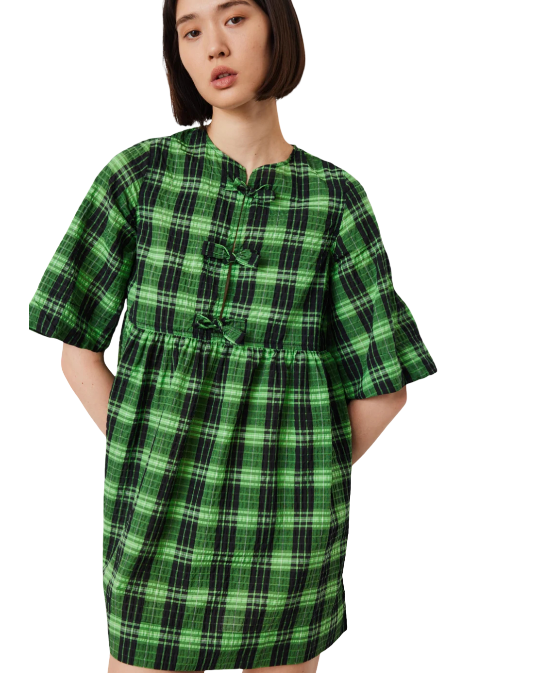 Size S | Ganni Seersucker Check Ribbon Mini Dress