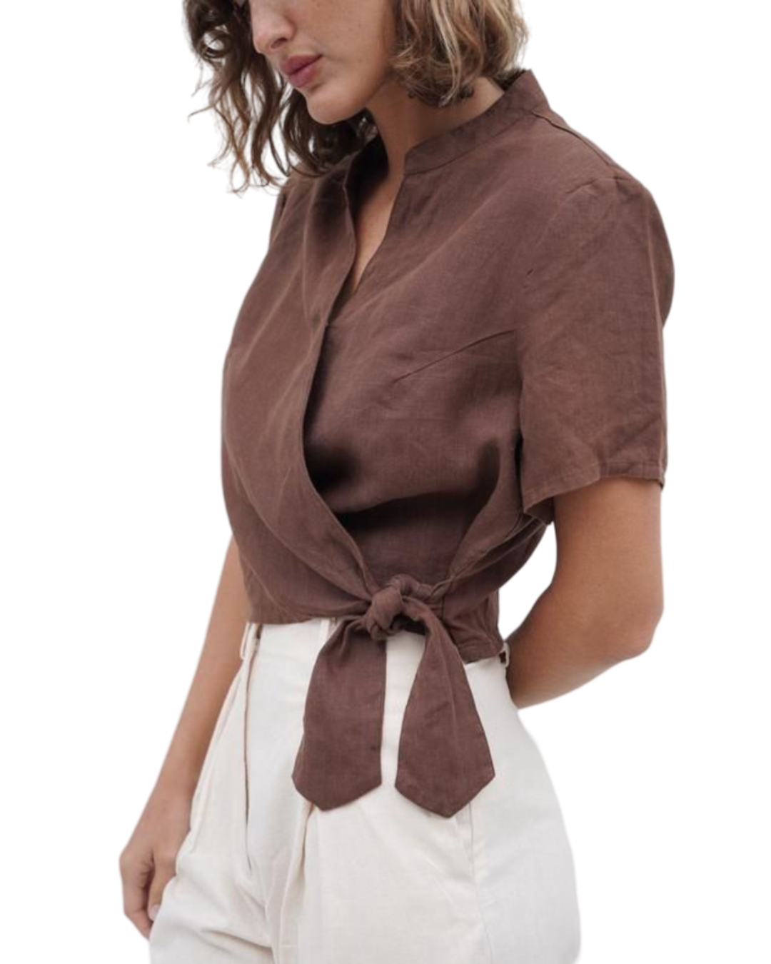 Size L | St Agni Brown French Linen Wrap Top