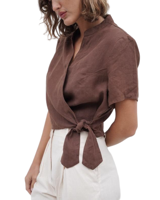 Size L | St Agni Brown French Linen Wrap Top