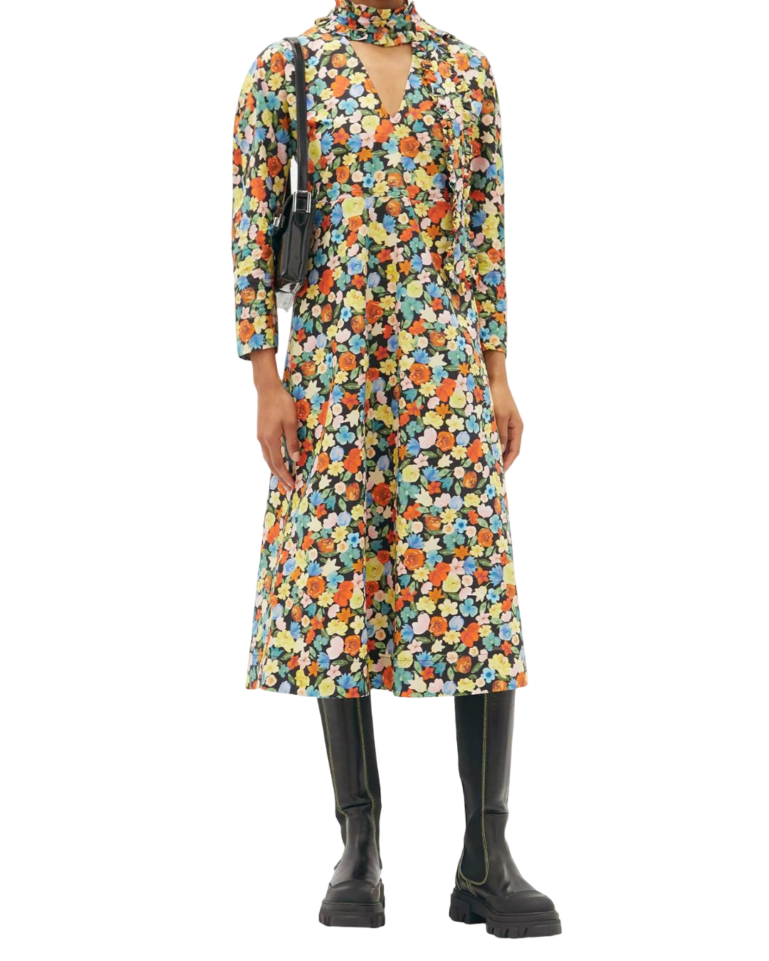 Size L | GANNI Floral Neck Tie Midi Dress