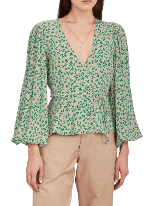 Size 36 (XS) | Ganni Blouson-Sleeve Floral-Print Crepe Wrap Top