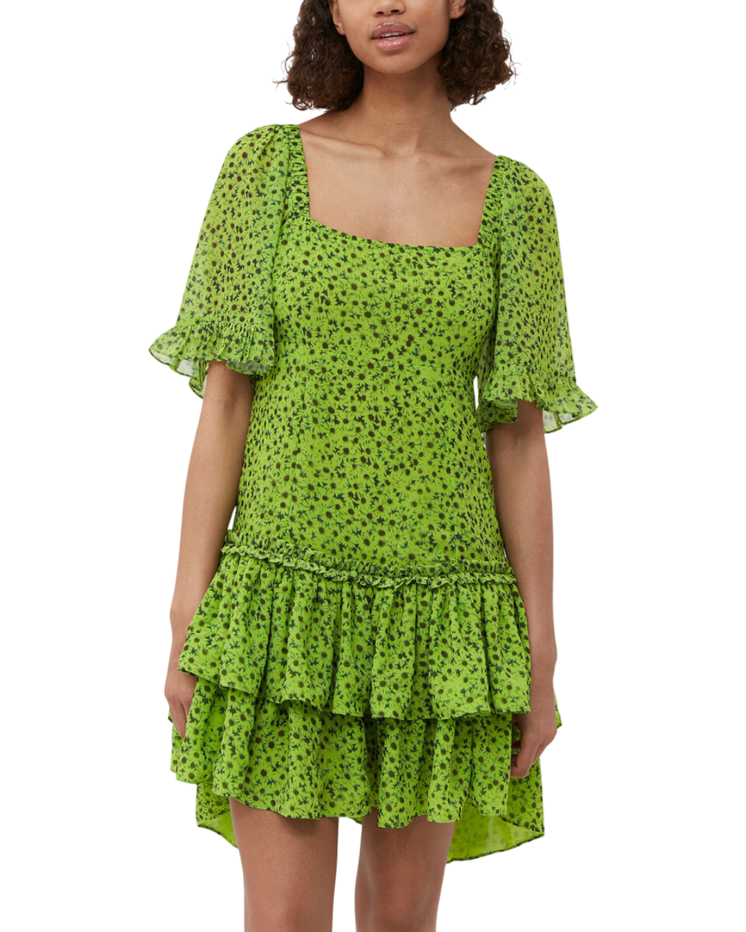 Size M | Ganni Chiffon Mini Lime Green Dress With Tags