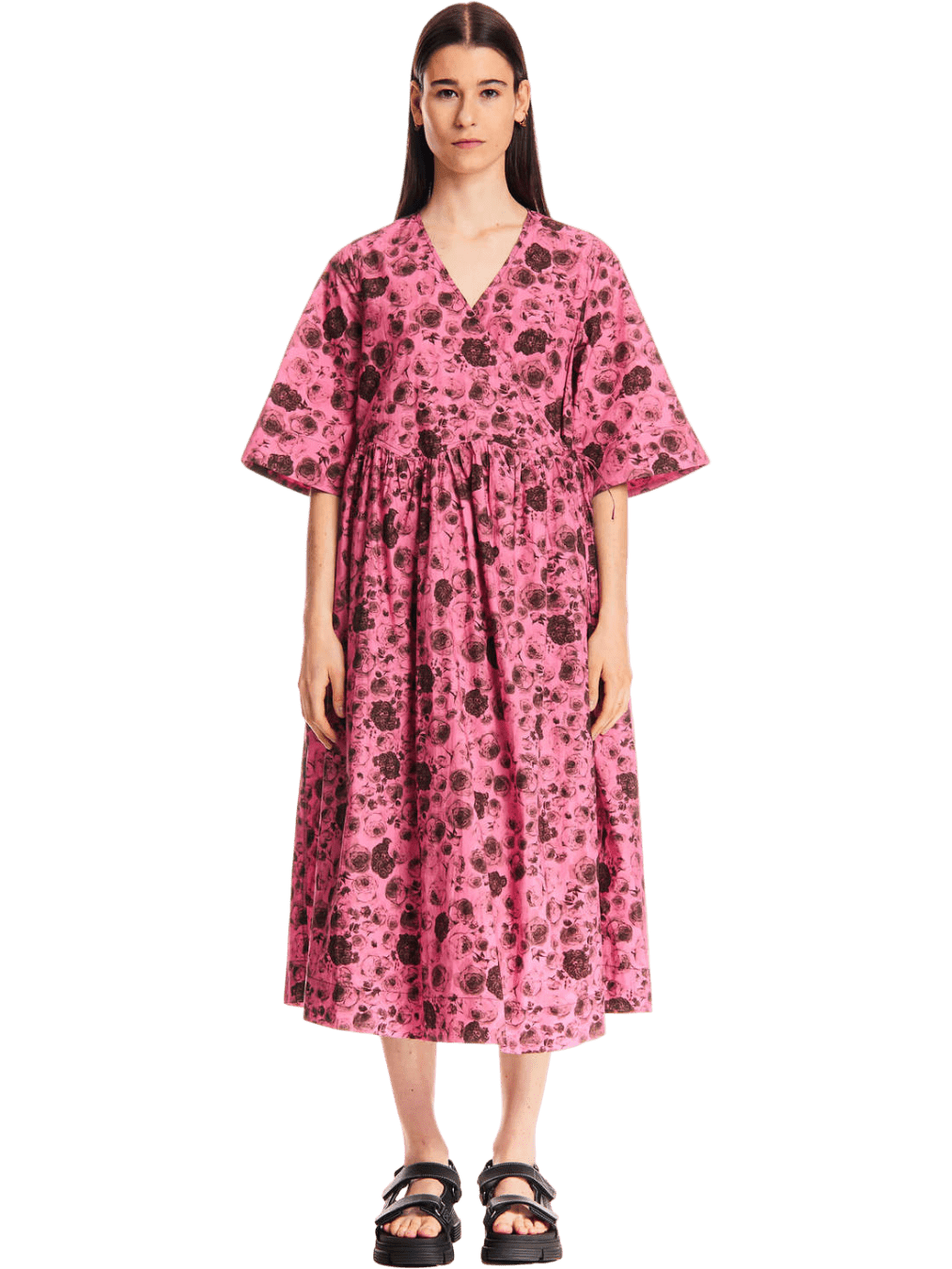 Size L/XL | Ganni Cotton V-Neck Wrap Midi Dress