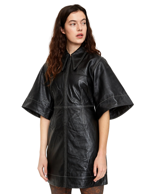 Size M | GANNI Black Leather Mini Dress
