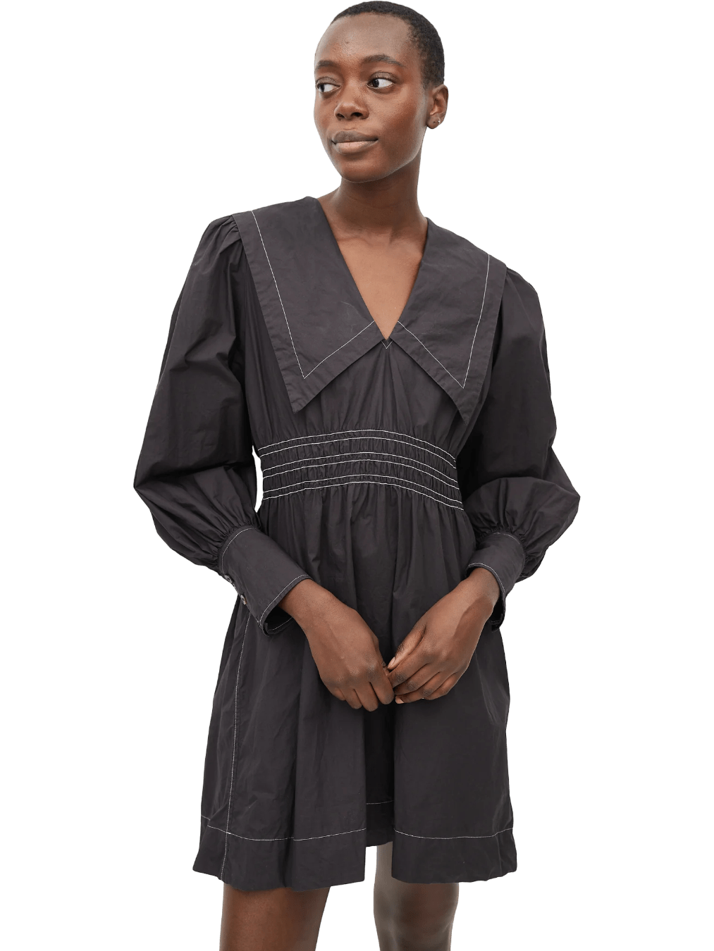 Size S | Ganni Cotton Poplin V-Neck Smock Mini Dress