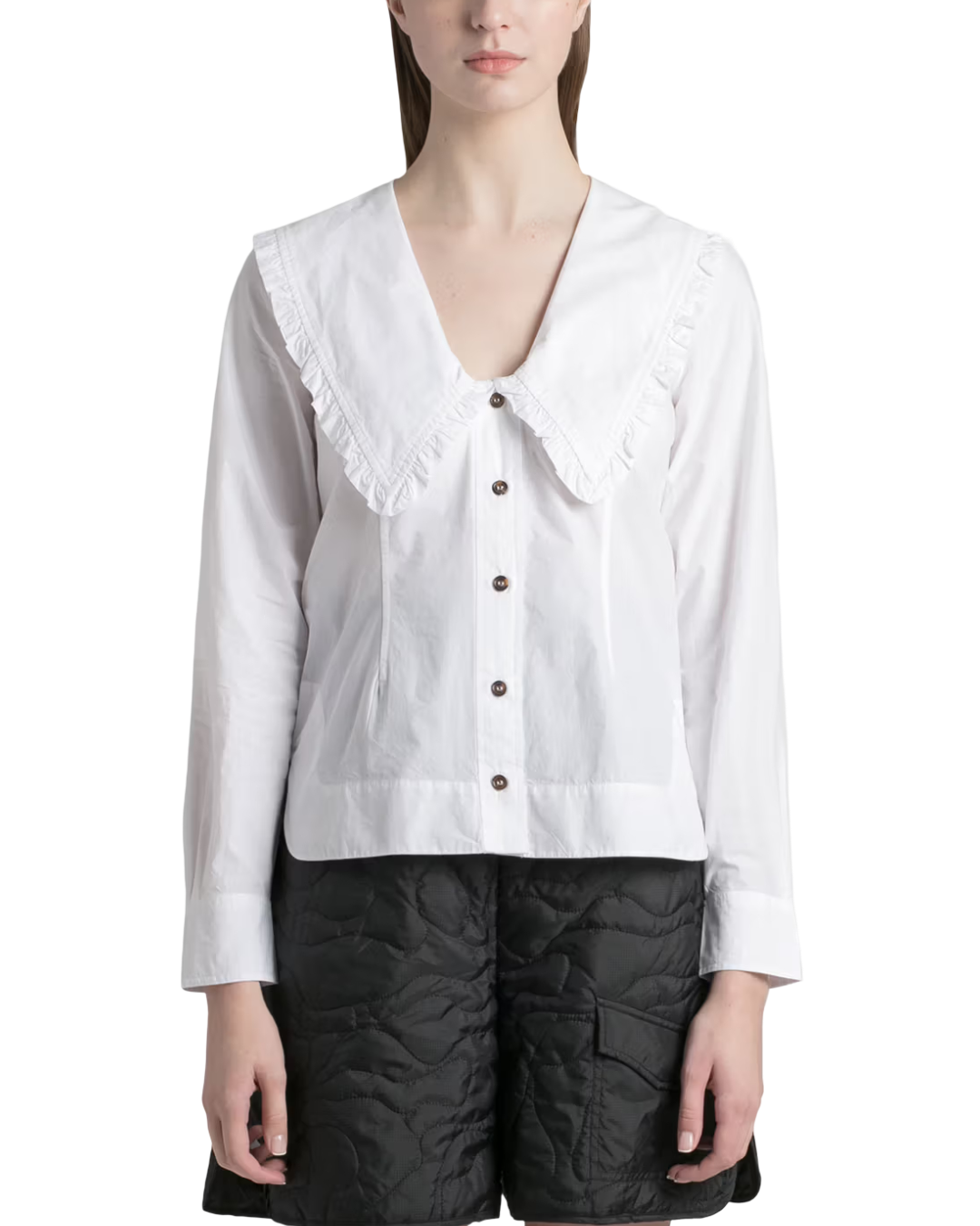 Size M | GANNI White V-Neck Frill Collar Shirt