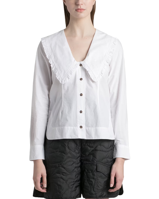Size M | GANNI White V-Neck Frill Collar Shirt