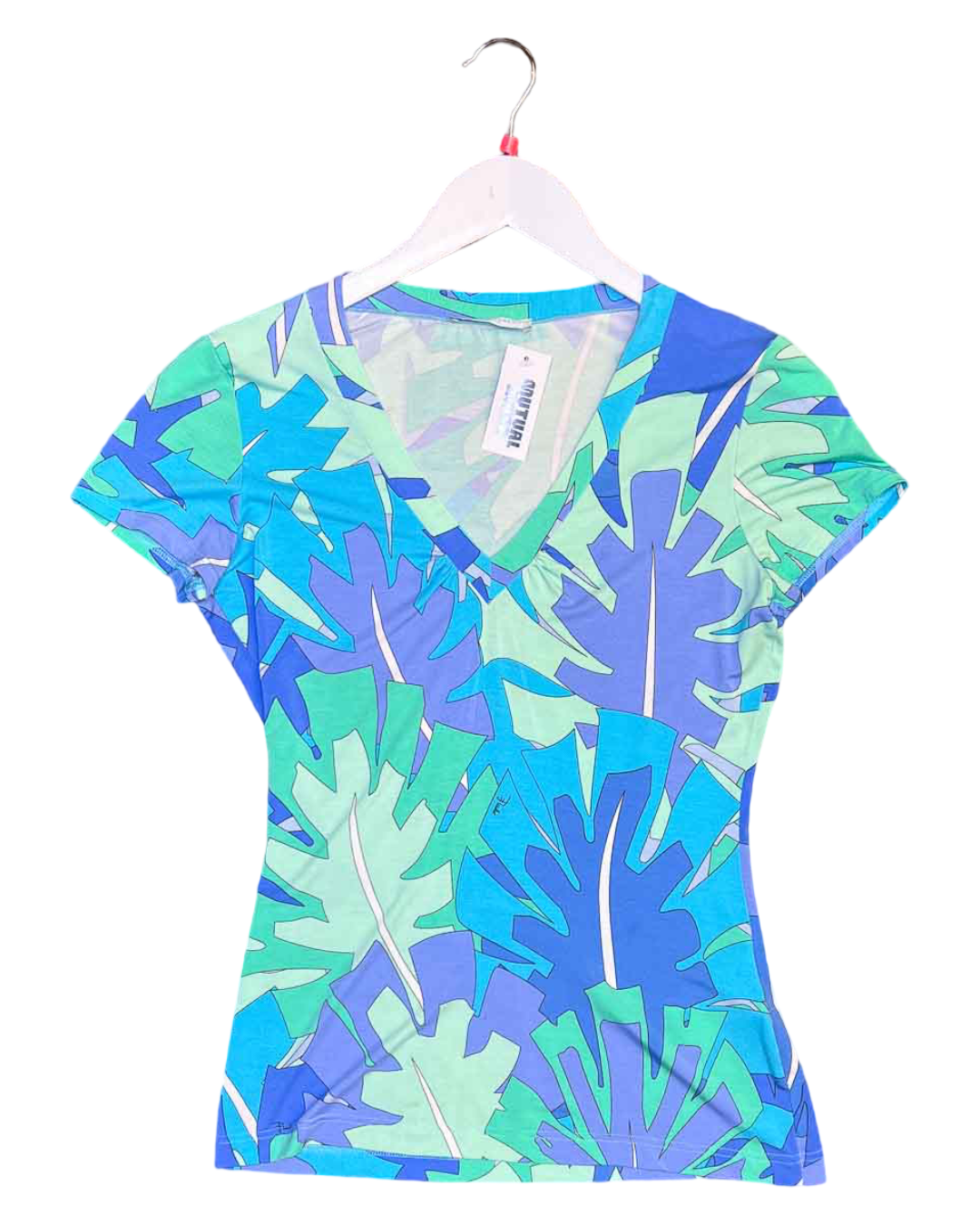 Size M | Emilio Pucci Blue Abstract Palm Leaf V-Neck Top