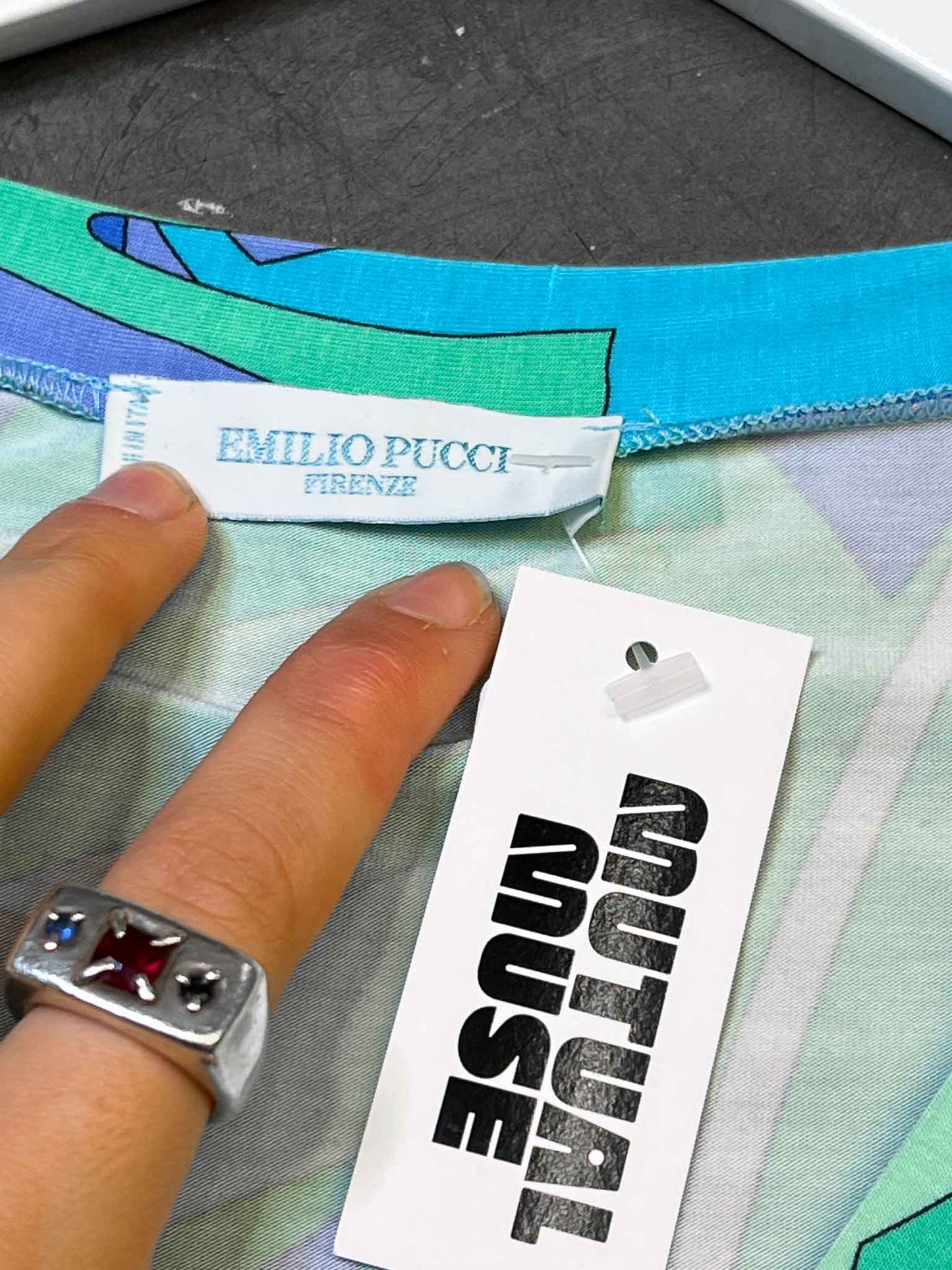 Size M | Emilio Pucci Blue Abstract Palm Leaf V-Neck Top