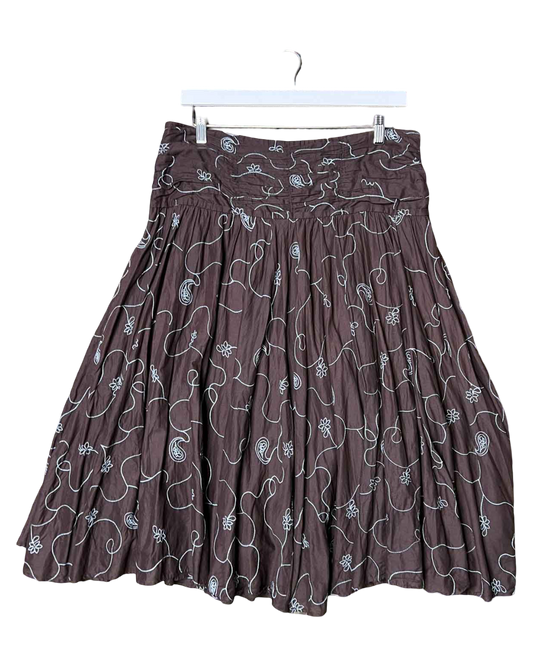 Size 16 | Gitane Brown Cotton Floral Embroidered Midi Skirt