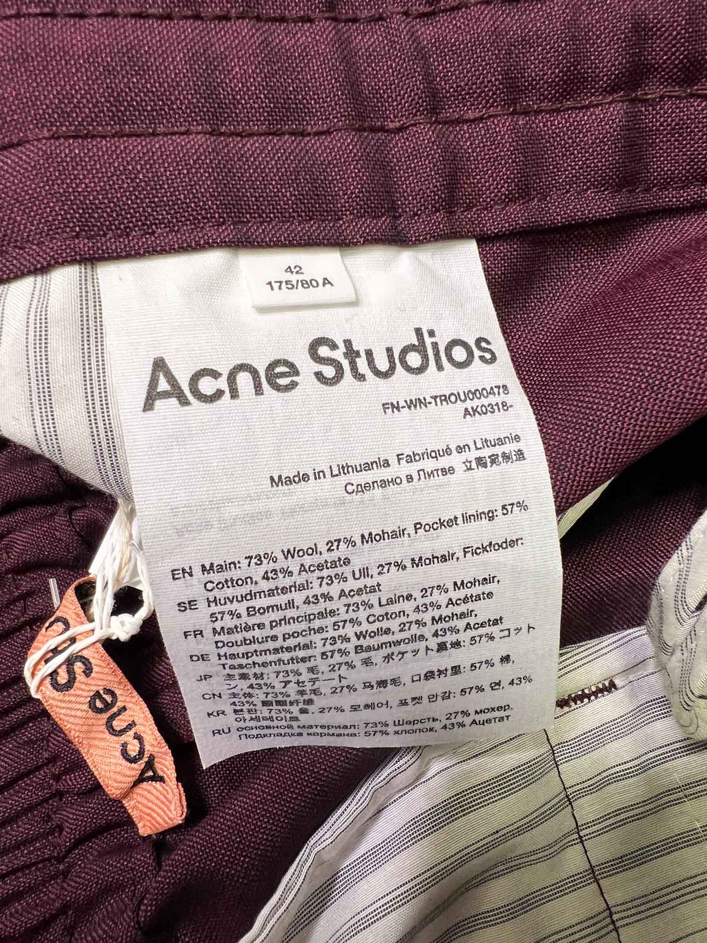 Size 42 (XL) | Acne Studios Plum Pleated Pants With Tags