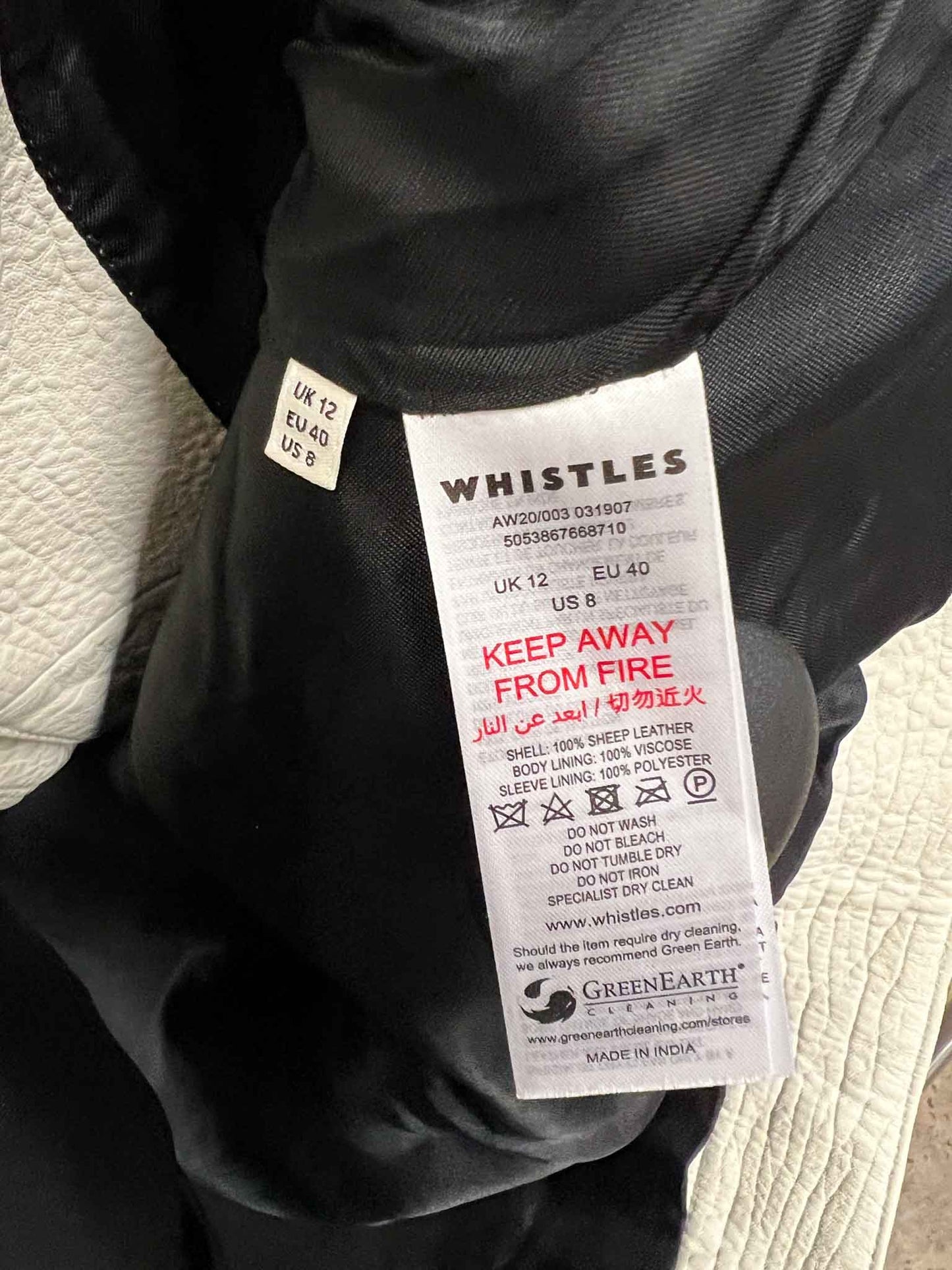 Size 12 | Whistles Leather Cropped Fit Jacket
