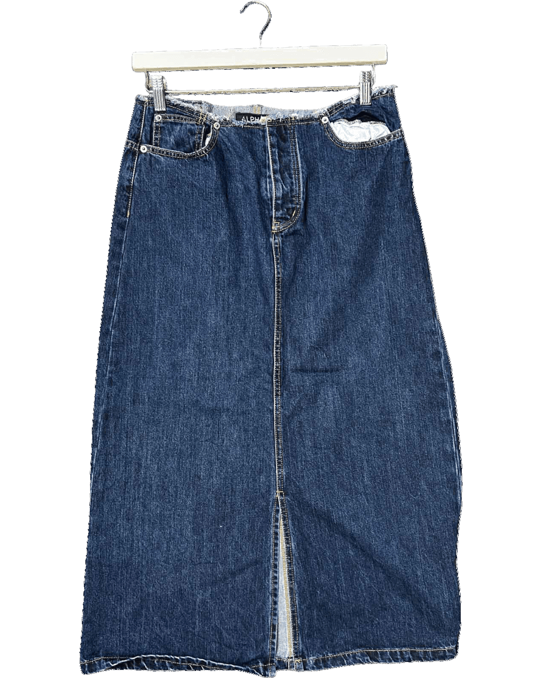 Size S | Alpha60 Raw Waist Denim Midi Skirt