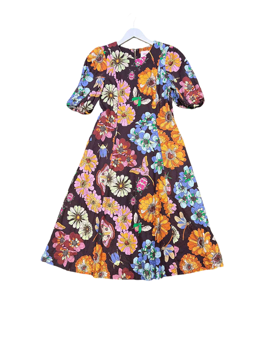 Size S | Obus Brown Floral Linen A-line Dress