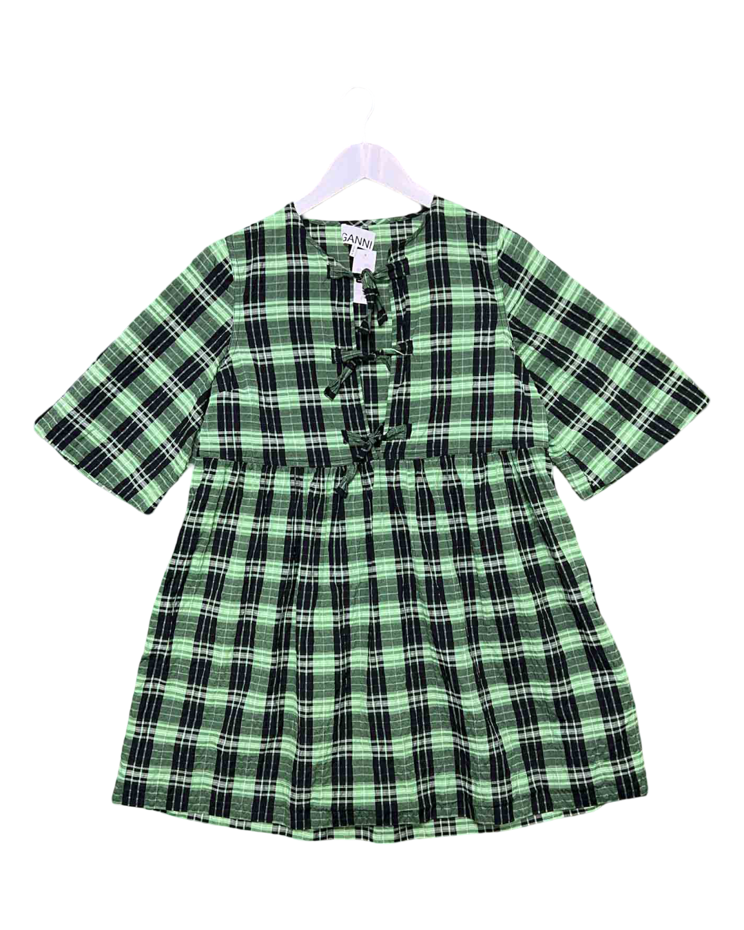 Size S | Ganni Seersucker Check Ribbon Mini Dress