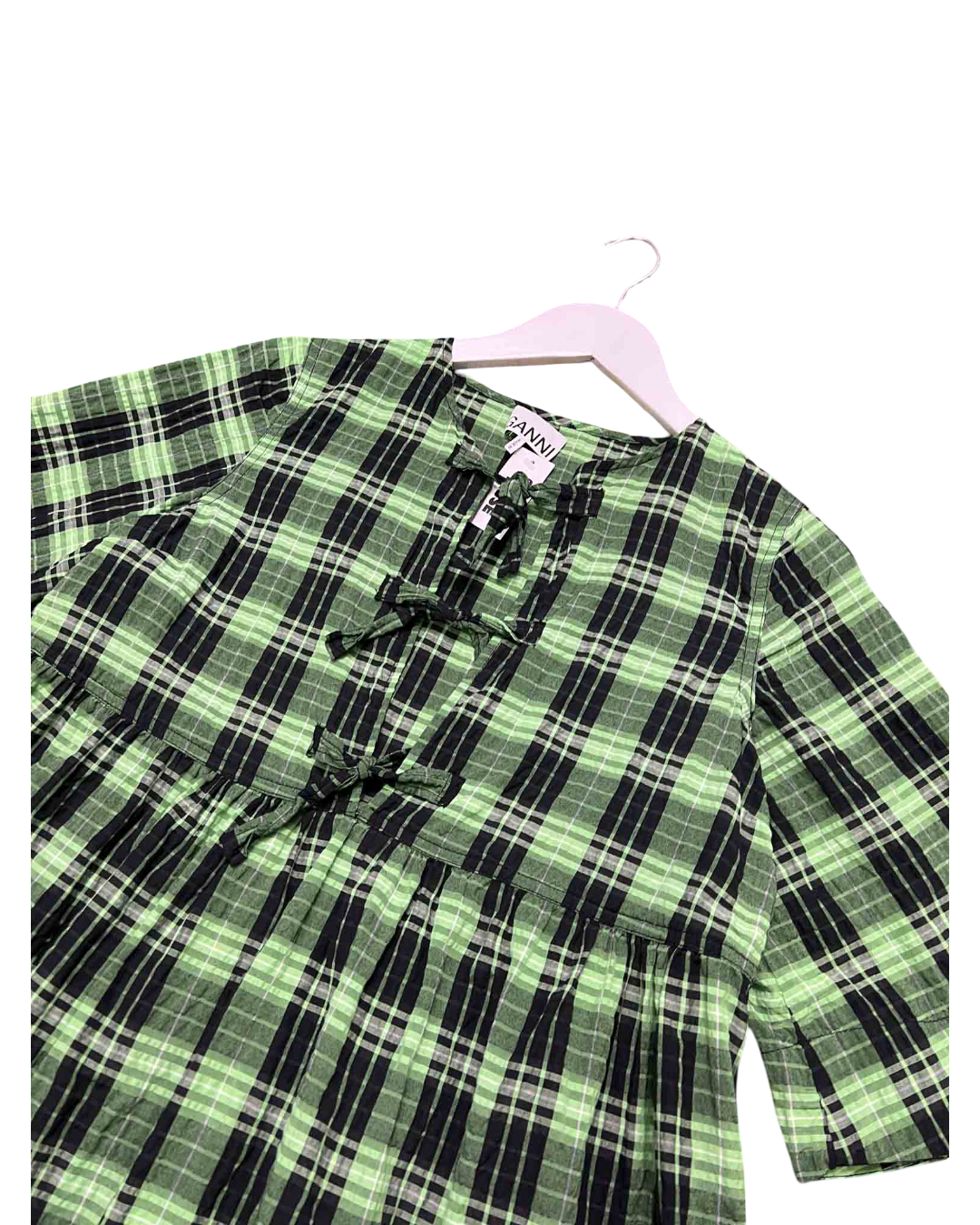 Size S | Ganni Seersucker Check Ribbon Mini Dress