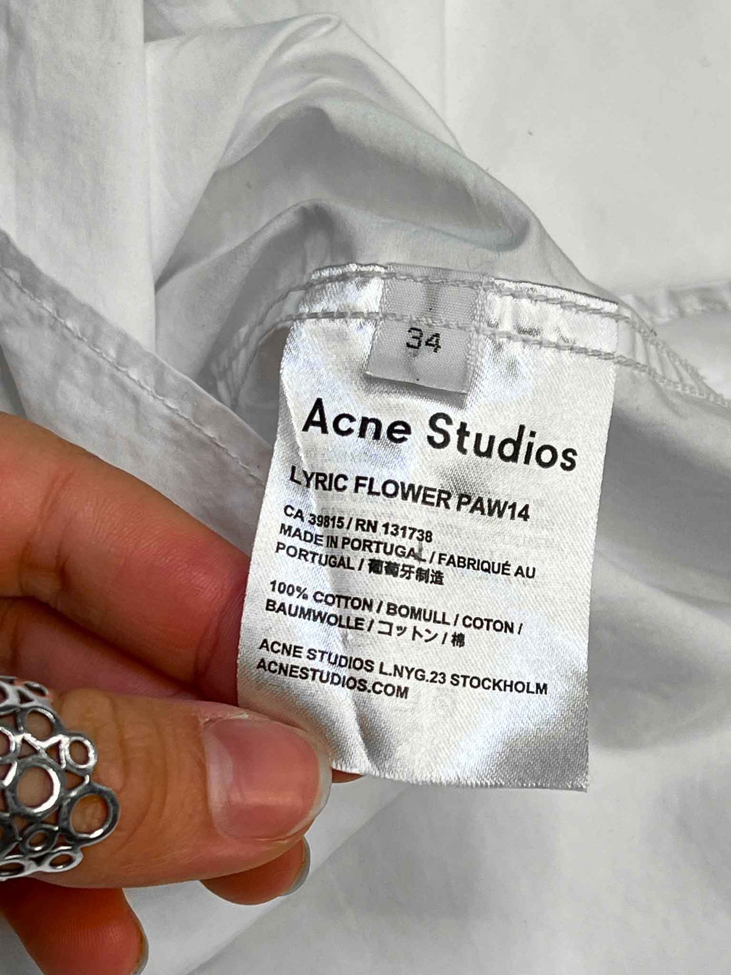 Size 34 (XS) | Acne Studios Cotton White/Green Longline Shirt