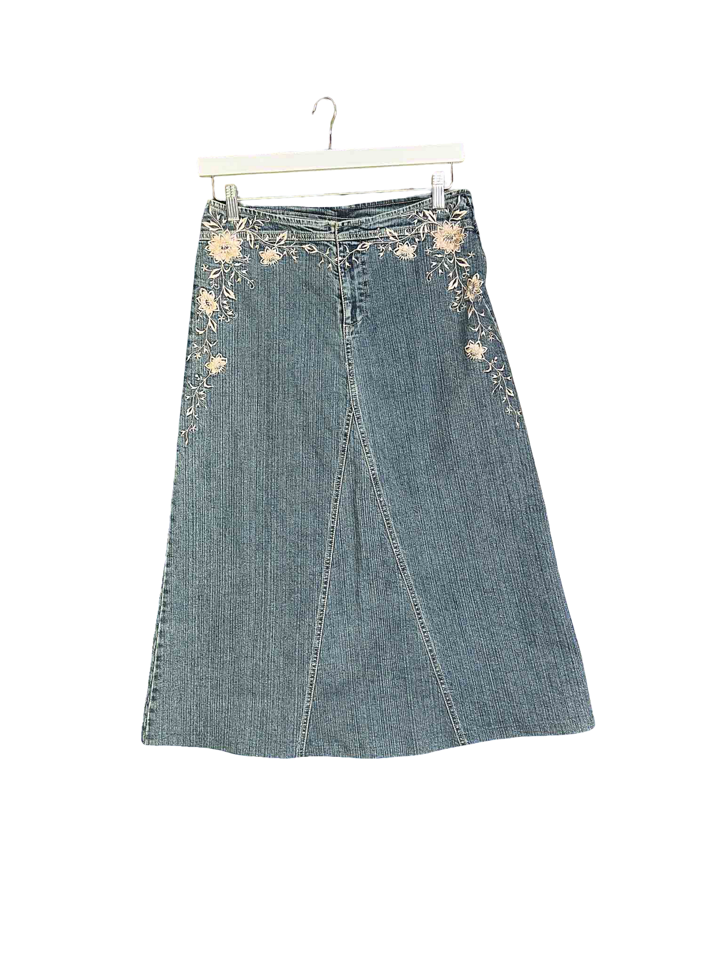 Size 10 | Bebe Midi Denim Skirt With Floral Embroidery