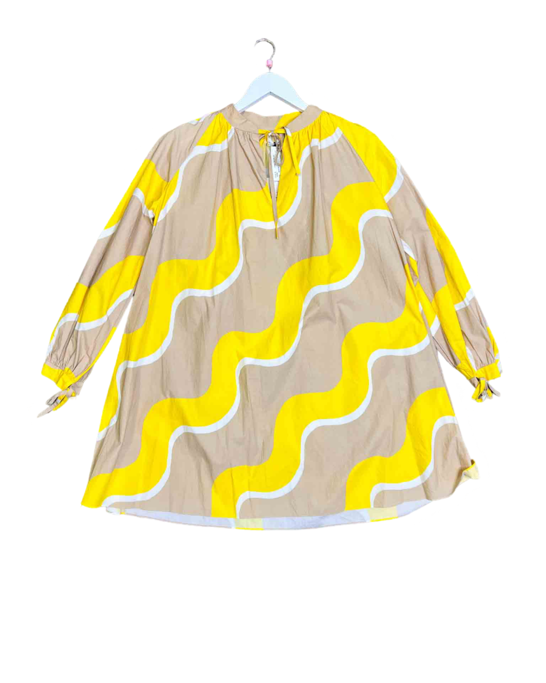 Size 10 | Chinti & Parker Yellow and Tan Wave Cotton Poplin Above-Knee Smock Dress