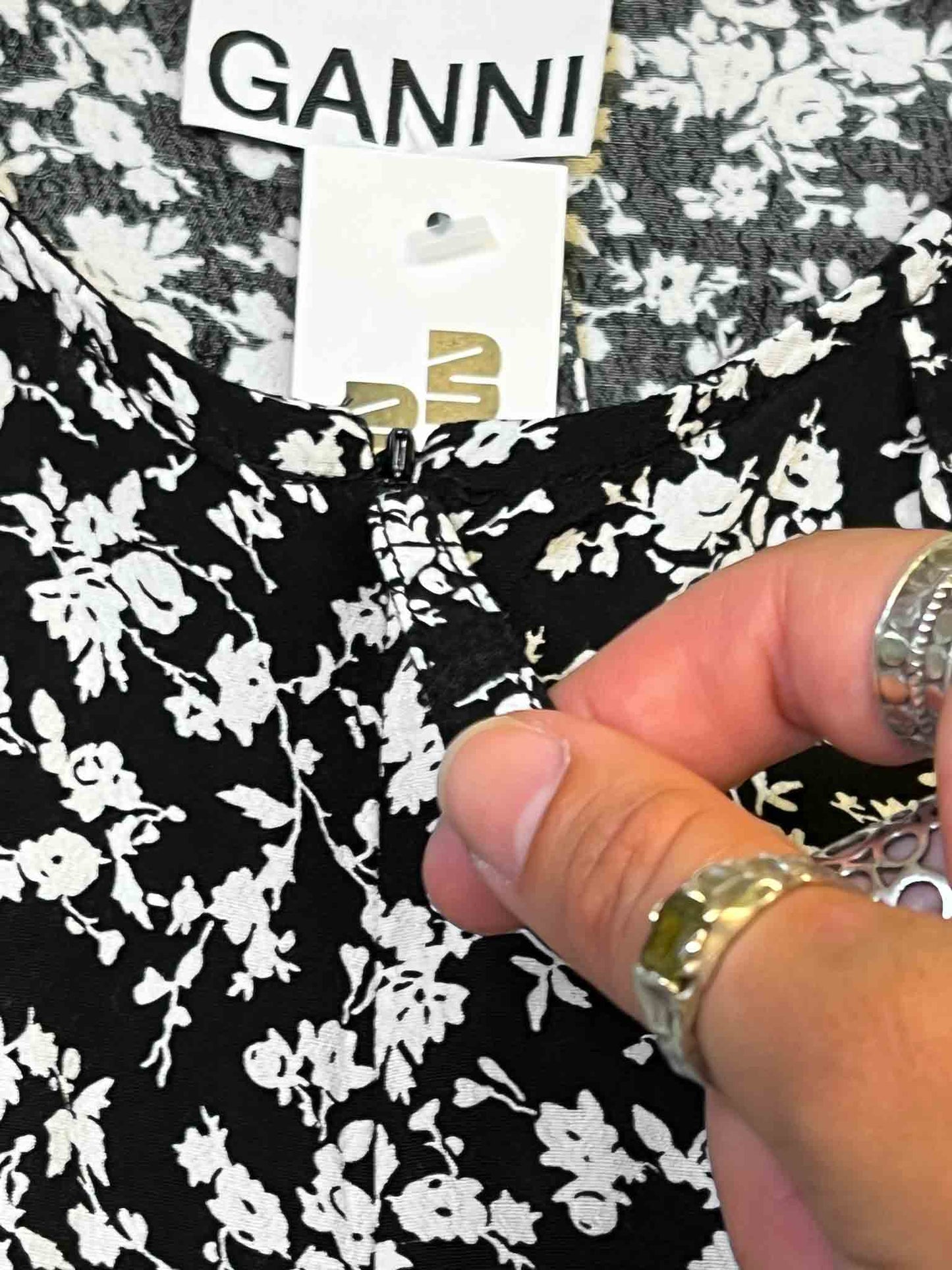 Size 38 (S) | Ganni Black and White Floral Blouse