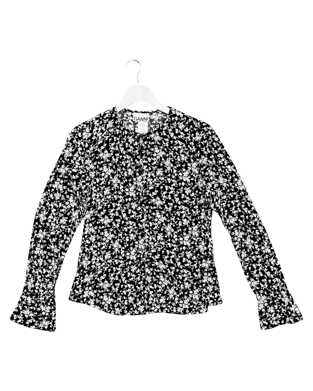 Size 38 (S) | Ganni Black and White Floral Blouse