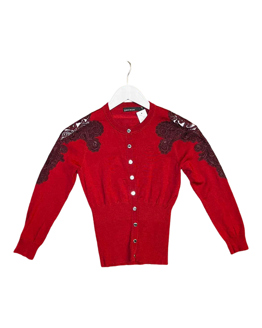 Size 1 (S) | Karen Millen Red Lace Applique Cropped Cardi
