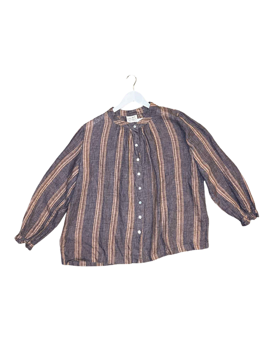 Size M | Manteau Noir Linen Stripe Collarless Shirt