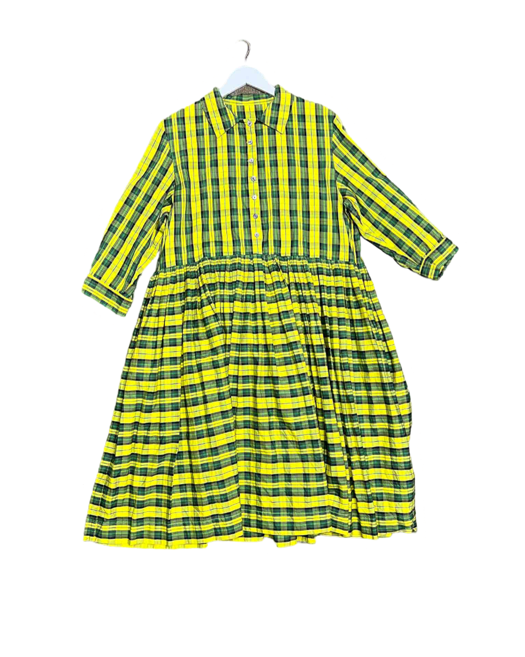 Size 5 (XXL) | Penelope Durston Yellow and Green Plaid Midi Shirt Dress