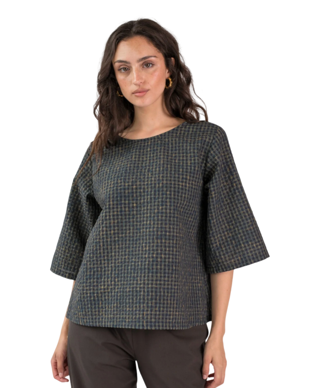 Size 12 | Kuwaii Blue Seersucker Check Claude Top