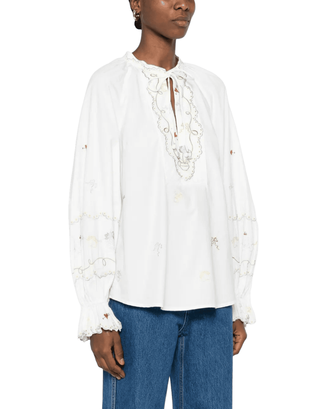 Size 10 | Alemais Embroidered Ruffle Cotton Shirt