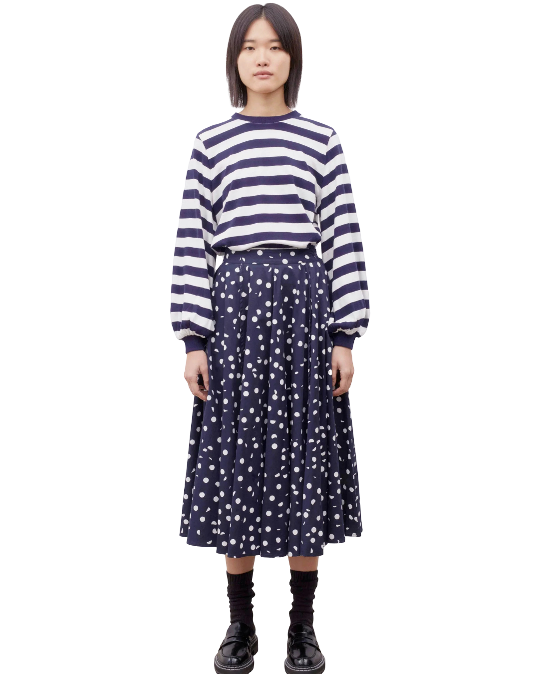 Size S | Kowtow Navy and White Polkadot Umbrella Skirt