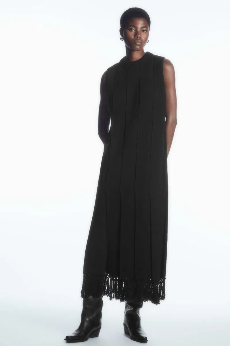 Size XS | COS Black Fringed Panelled Wool Midi Dress