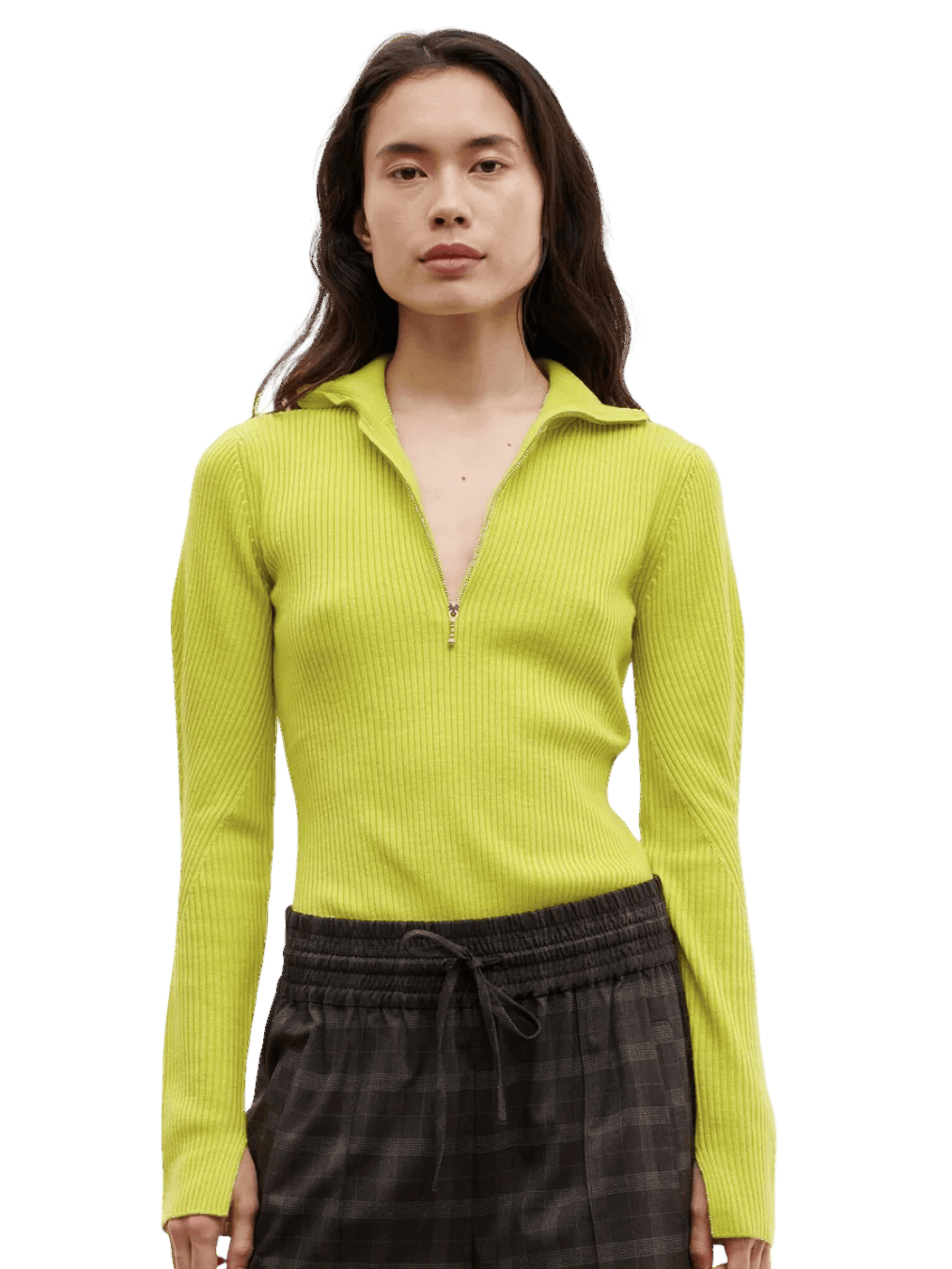 Size XS | GANNI Lime Green Merino Ribs Half Zip Pullover Jumper