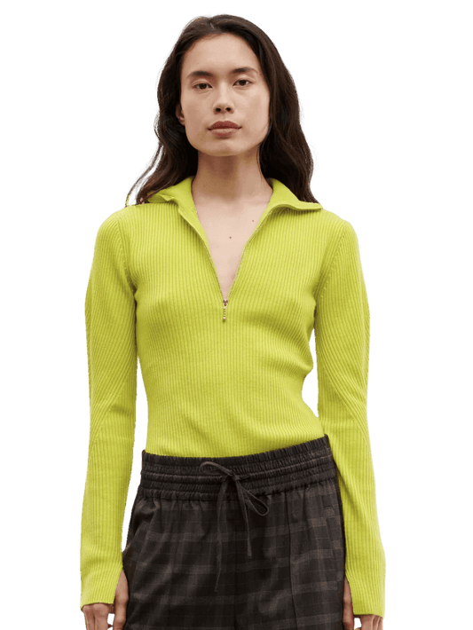 Size XS | GANNI Lime Green Merino Ribs Half Zip Pullover Jumper