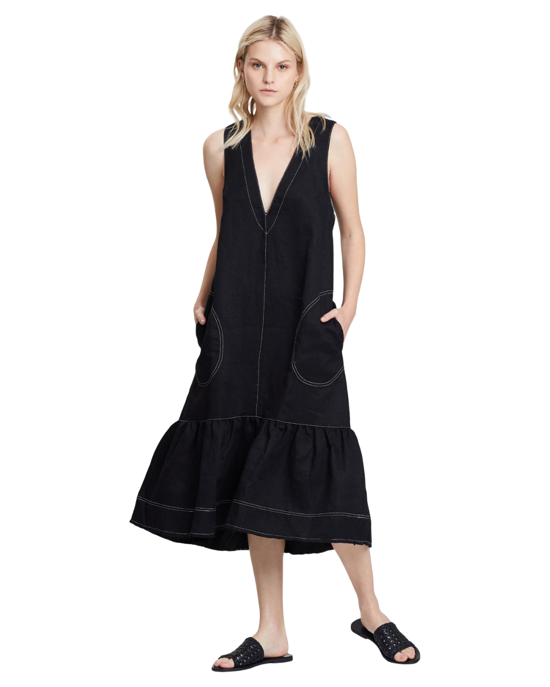 Size S | Lee Mathews Black Carrie Linen V-Neck Dress