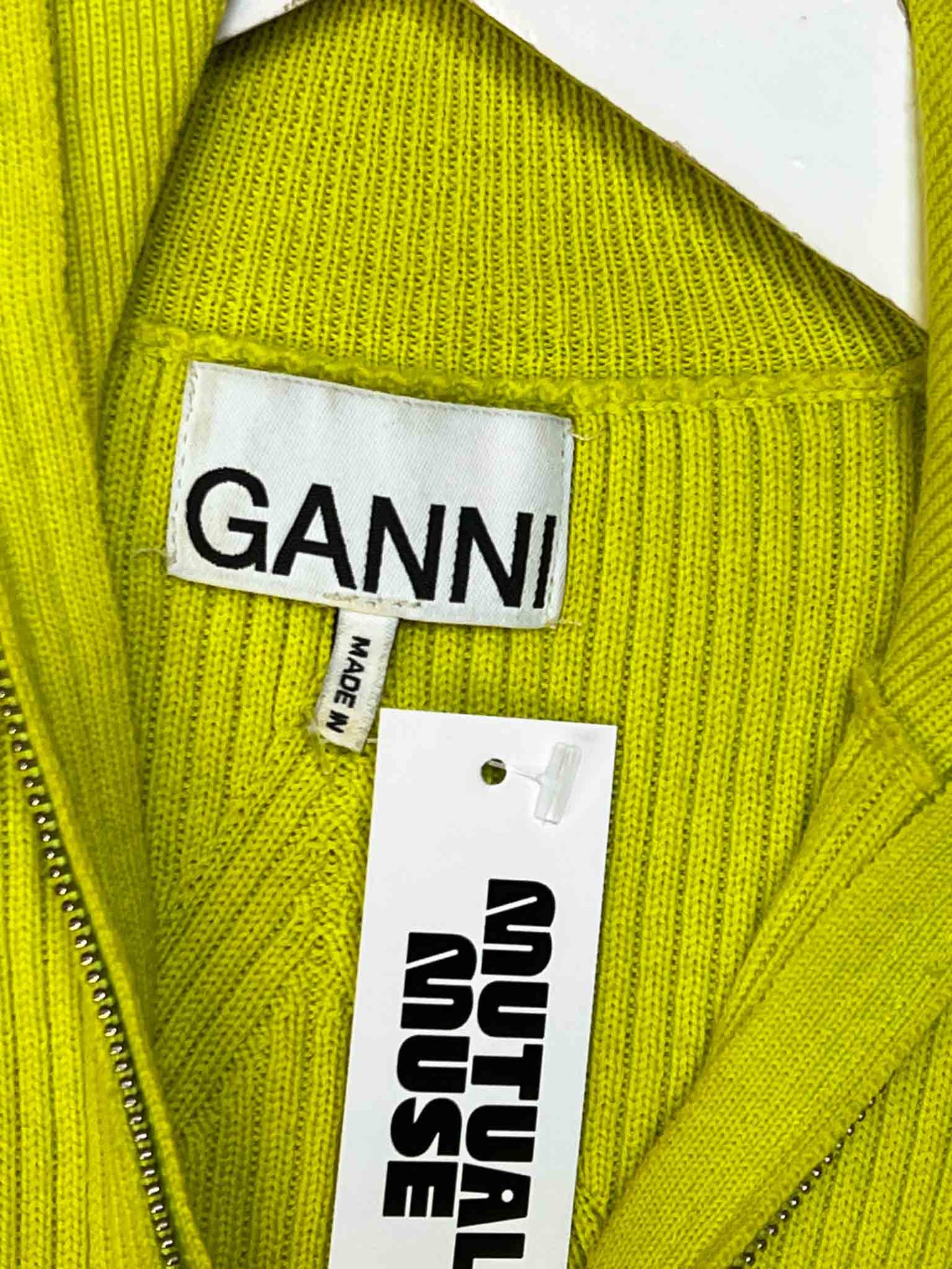 Size XS | GANNI Lime Green Merino Ribs Half Zip Pullover Jumper