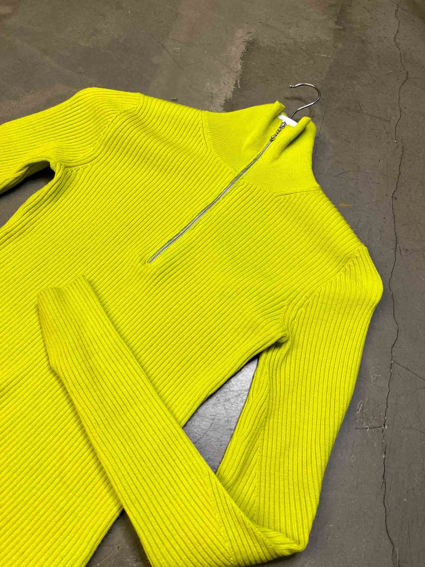 Size XS | GANNI Lime Green Merino Ribs Half Zip Pullover Jumper