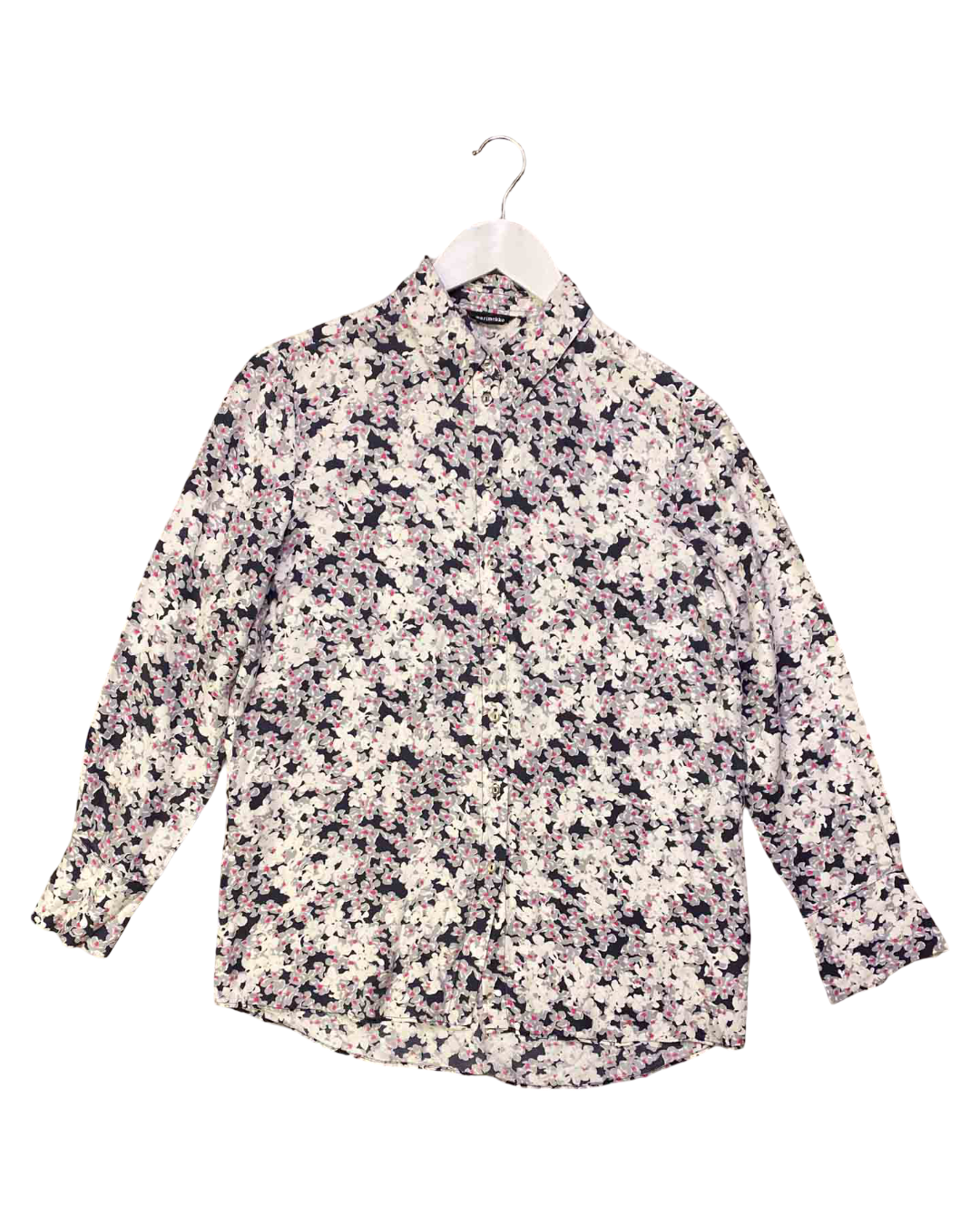 Size S | Marimekko White and Grey Minea Floral Silk Shirt