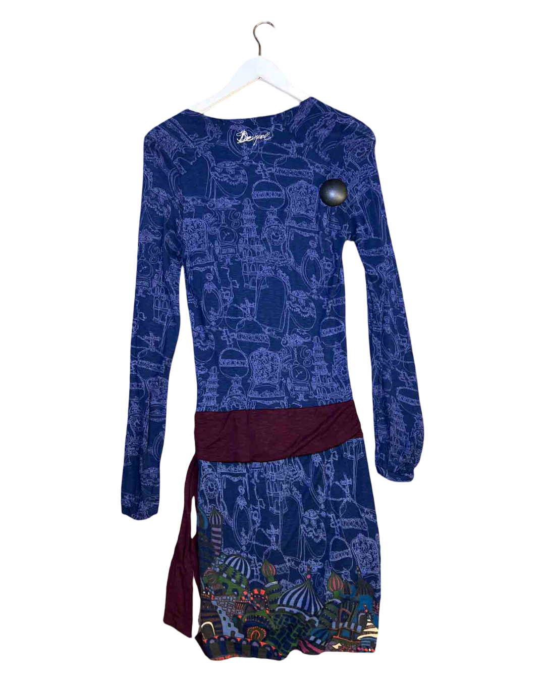 Size L | Desigual Plunge Long-Sleeve Mini Dress
