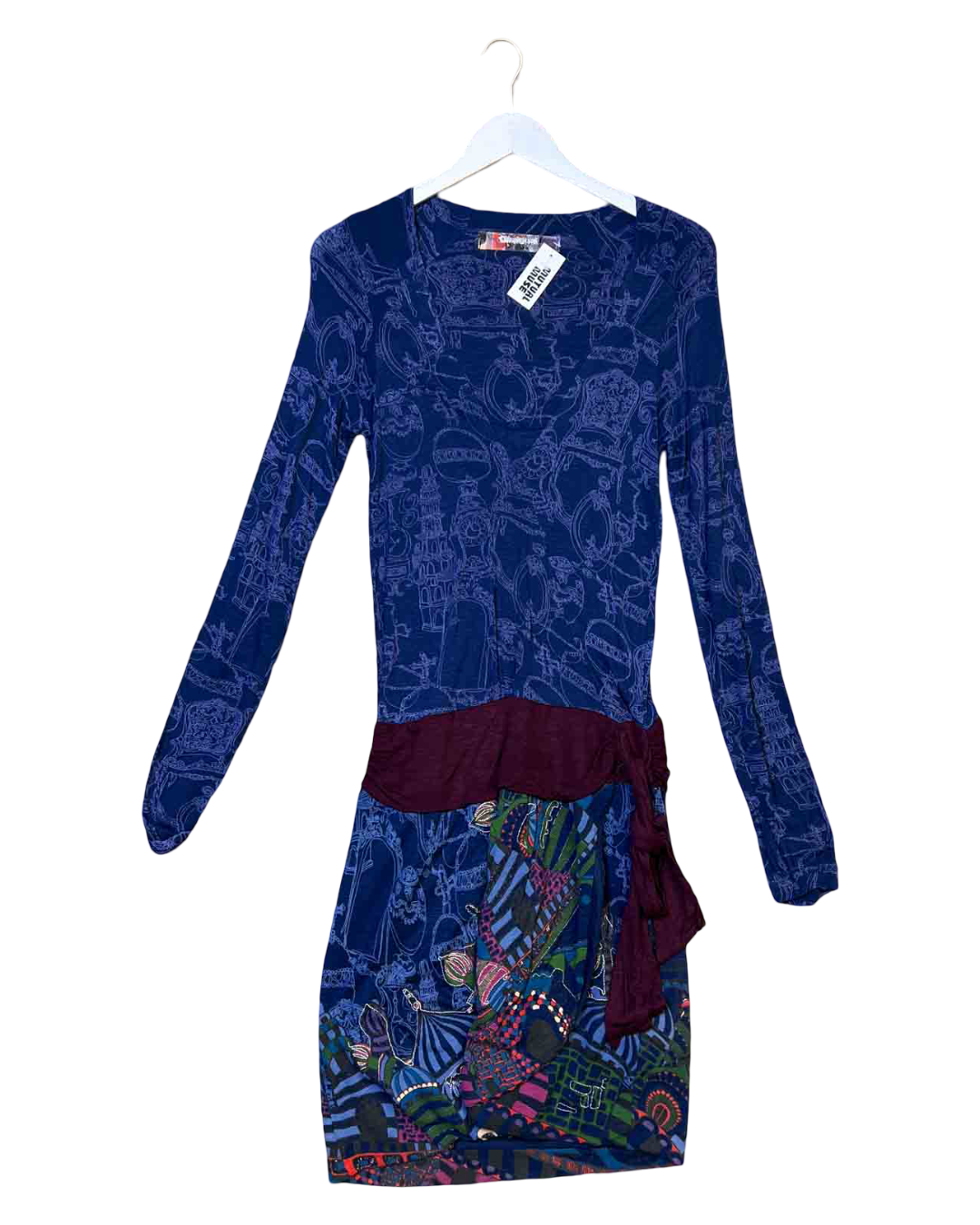 Size L | Desigual Plunge Long-Sleeve Mini Dress