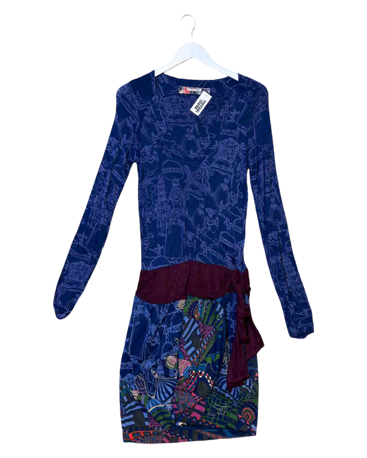Size L | Desigual Plunge Long-Sleeve Mini Dress