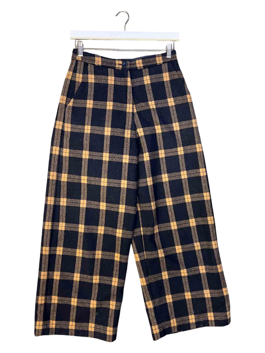 Size S | Alpha60 Black and Brown Check Wool Wideleg Pants